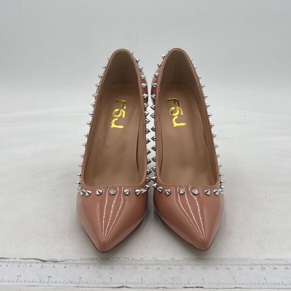 FSJ Nude Studded Rivets Pointed Toe High Heel Crystal Pumps Slip on Dress Shoes - Picture 2 of 7